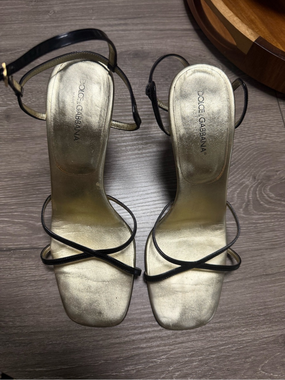 Dolce & Gabbana Black Strappy Sandal with Metallic Gold Insole